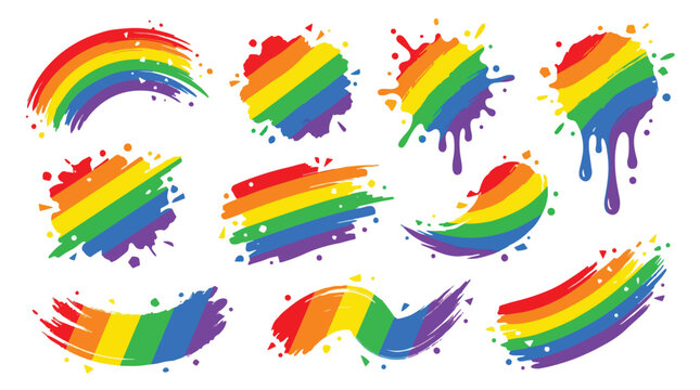 Vibrant rainbow paint splashes and brush strokes on white background, colorful LGBT pride symbols