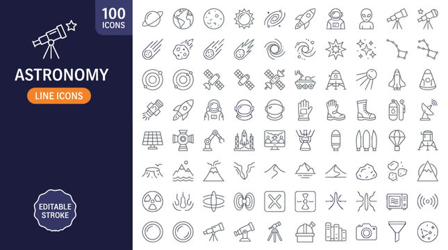 A collection of 100 editable line icons related to astronomy and space exploration. , jpg, vector icons file, png,