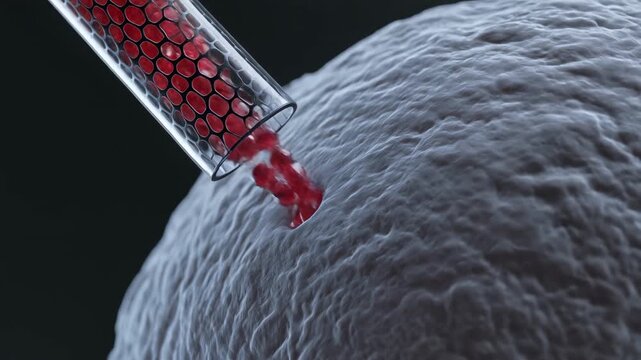 Single walled carbon nanotube delivering chemotherapy particles into a cell nucleus with cinematic microscopic precision