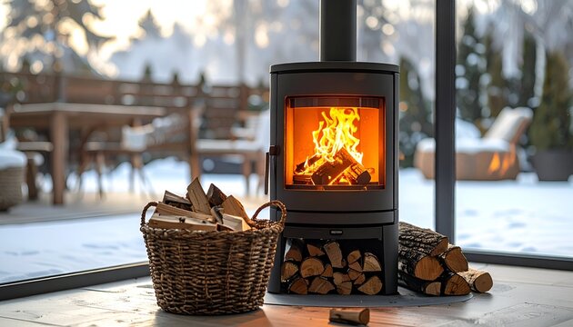 Cozy stove warms winter scene, wood basket nearby