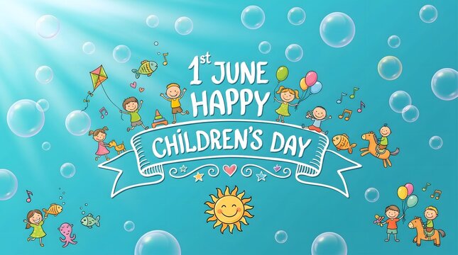 Happy childrens day greeting card with cute cartoon kids and bubbles