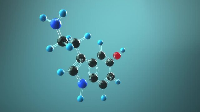 Serotonin molecule 3D 4k animation in liquid environment. Endless loop, ProRes 4444.
