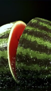 The watermelon falls on the table and splits in half. Filmed on a high-speed camera at 1000 fps. High quality FullHD footage