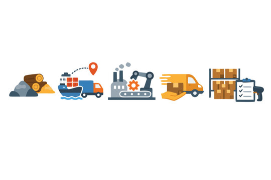Supply Chain Management Process Icons Set Featuring Raw Materials, Global Logistics, Factory Manufacturing, Fast Delivery Service, and Warehouse Inventory Management Flat Vector Illustration
