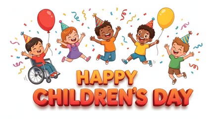 Fototapeta premium Happy childrens day celebration with diverse group of happy kids isolated on white background