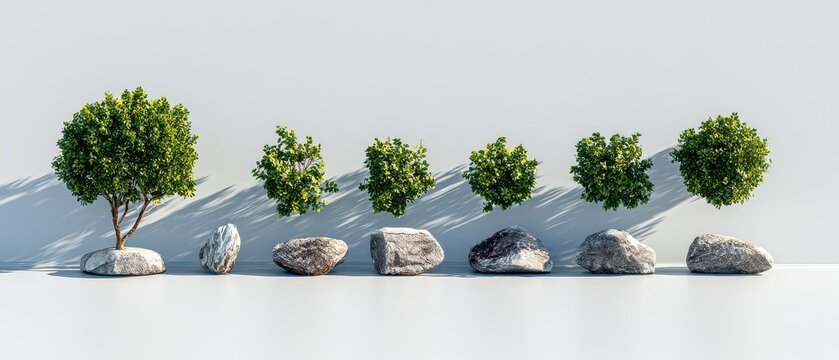 Minimalist row of green shrubs and rocks