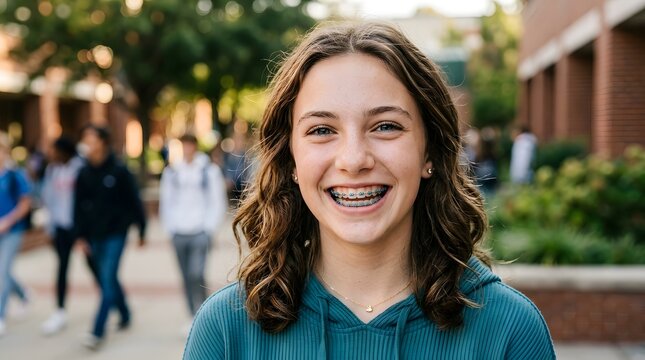 Close-up portrait of teenage girl with braces smiling confidently, realistic modern youth concept