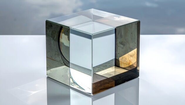 Transparent cube resting on reflective white surface with distorted background