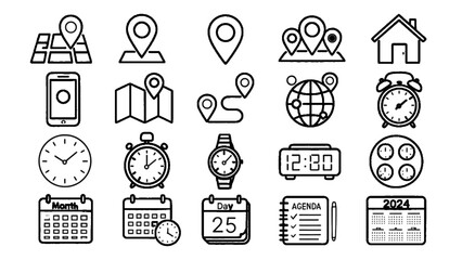 Travel, location, and schedule icons for navigation and planning themes. © Andika