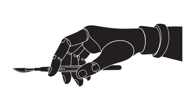 Dark robotic hand holding medical scalpel in precision surgery illustration