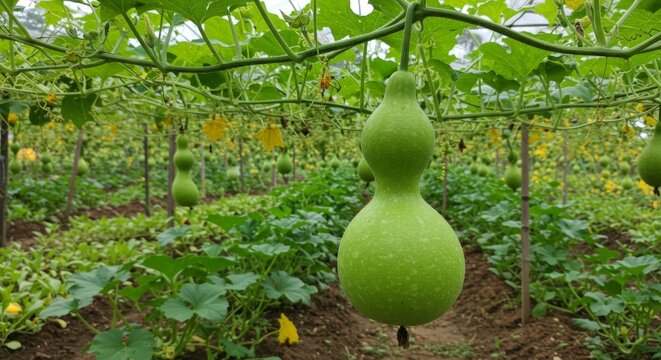 Green bottle gourd calabash hanging from a trellis in a garden.