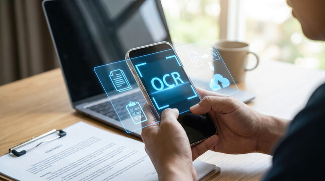 Person using ocr technology on a smartphone to digitize documents in an office setting