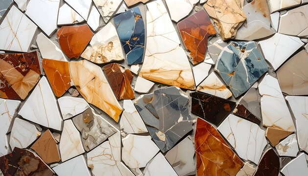 Abstract mosaic featuring irregular tile shards in varied colors