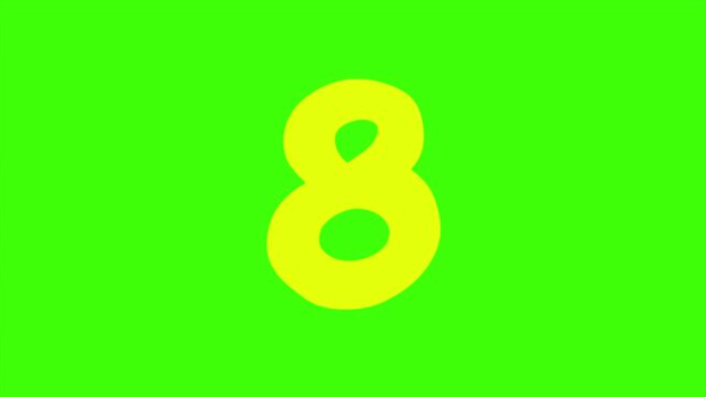 A Bright Yellow Cartoon Number Eight Isolated 4k stock animation video on a green screen background for chroma key background for video editing.