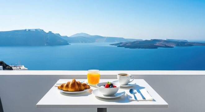 A delicious morning meal set on a white balcony overlooking a deep blue sea with volcanic islands under a clear bright summer sky view, light, scenery, blue