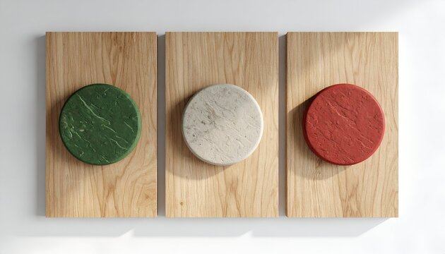 Trio of wooden planks with green, white, and red stone circles mounted on them