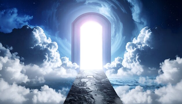 Arched doorway emits bright light amid fluffy clouds and a dark, textured path