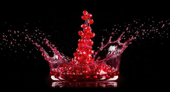 A dramatic burst of vibrant ruby red pomegranate juice splashes across a black backdrop with flying seeds and droplets of liquid energy, vegan, studio, motion