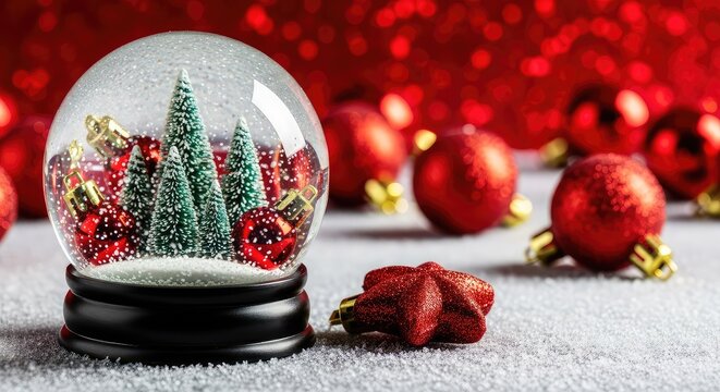 A festive glass snow globe rests on a frosty surface, containing a miniature winter forest scene surrounded by shiny red holiday ornaments, artistic, snow globe, winter