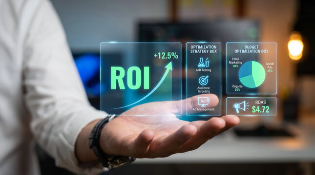 Business professional holding a digital holographic interface showing roi growth, marketing strategy, and budget optimization analytics