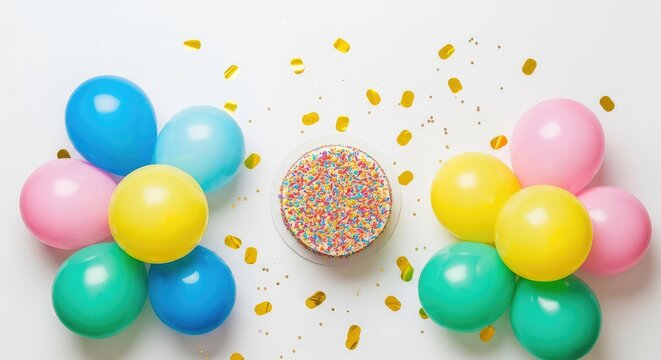 A festive overhead shot featuring soft pastel balloons, a decorative cake with rainbow sprinkles, and shimmering gold confetti sparkles everywhere, frosting, festive, party