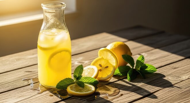 A glass bottle filled with cold yellow lemonade sits on a wooden table next to fresh sliced lemons and green mint leaves in sunlight, cold, healthy, fresh