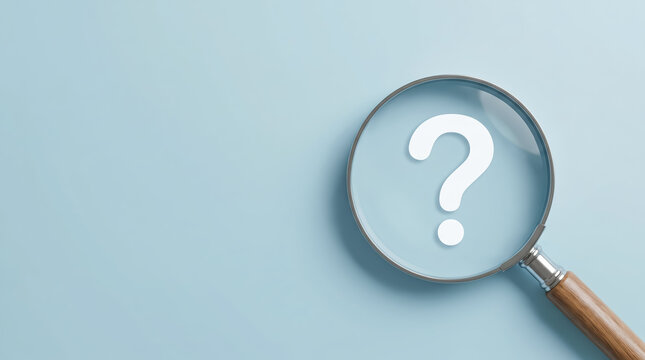 Magnifying glass with question mark on light blue background concept of search, faq, help and investigation