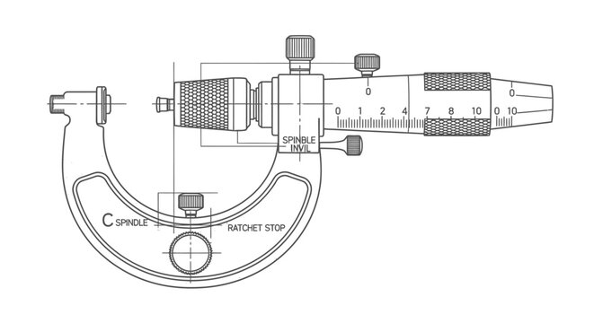 Technical diagram of a micrometer with labels and scale