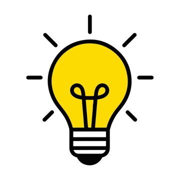 Glowing yellow light bulb vector icon with rays isolated on white background