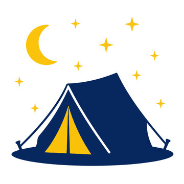 Minimalist camping tent vector illustration under crescent moon and starry night sky isolated on white background