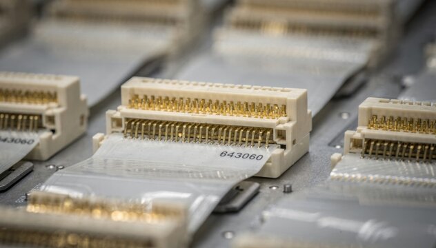 Closeup on lowprofile bottomcontact FPC connectors being inspected for quality assurance during automated production of flexible flat cable components.