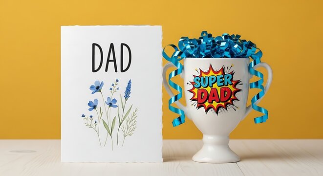 A thoughtful Fathers Day gift set featuring a floral greeting card beside a trophy cup with blue ribbons