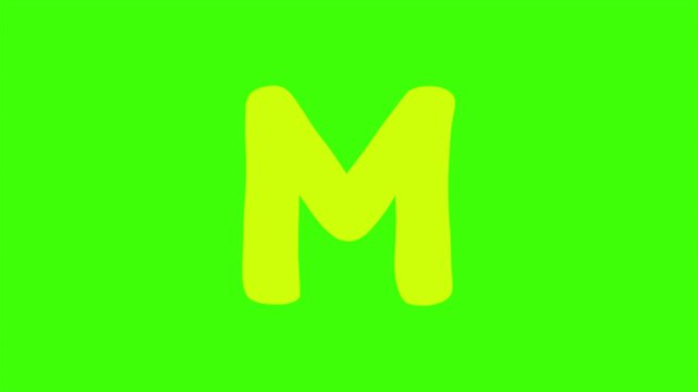 A Bright Lime Yellow Cartoon Letter M Isolated 4k stock animation video on a green screen background for chroma key background for video editing.