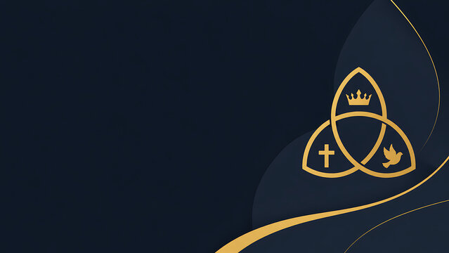 Elegant gold Christian trinity symbol featuring cross, crown, and dove on a dark blue background with modern curves