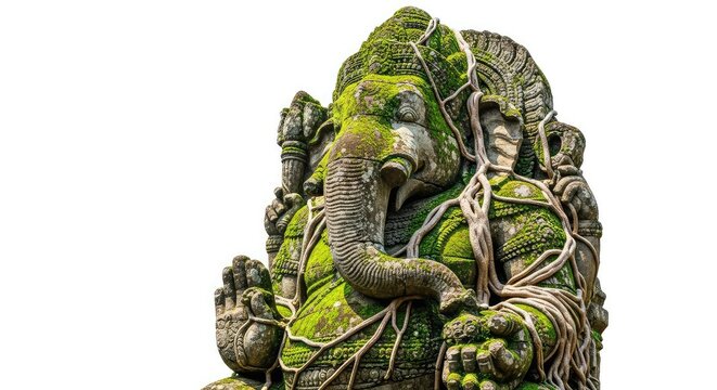 A massive ancient stone sculpture of a deity with an elephant head stands weathered by time, covered in green moss and old creeping vines, statue, trunk, spirituality