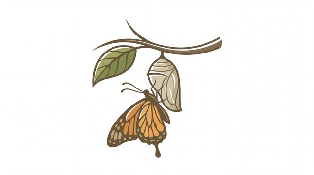 Monarch butterfly emerging from its chrysalis hanging on a branch in this artistic illustration on white background