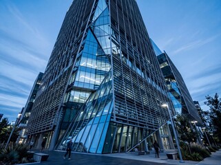 Naklejka premium Modern glass skyscraper stands illuminated at dusk with architectural geometry in a business district