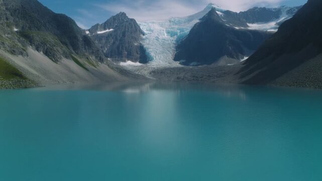 Turquoise mountain lake with glacier in Jasper National Park