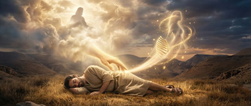 God creating woman from rib of sleeping man in biblical scene from Genesis. Divine hand forming female soul from male body in desert landscape. Religious art depicting story of creation. Banner with