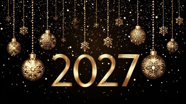 Golden celebration numerals for the year two thousand twenty seven are displayed amidst hanging ornaments and falling snow