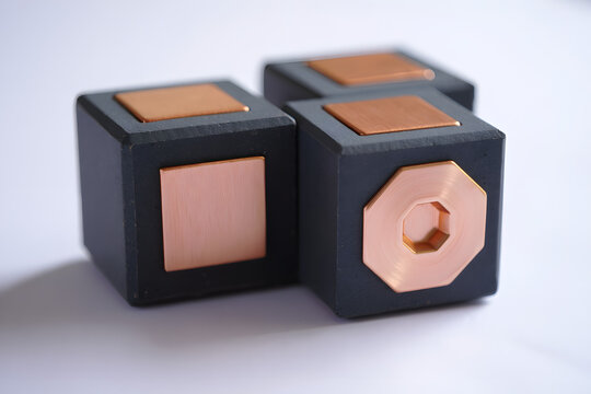 Three dark gray cubes with copper inlays, one octagonal and two square, arranged on a white surface with soft lighting, representing modern design, premium commercial stock image with modern pro siyam