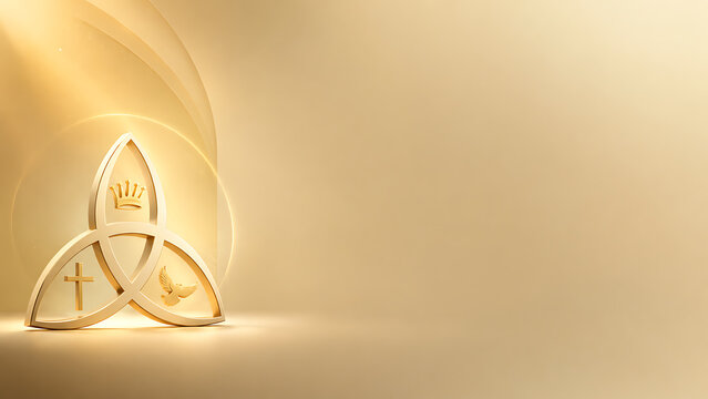 Elegant Trinity Symbol with Crown, Cross, and Dove on a Warm Golden Background