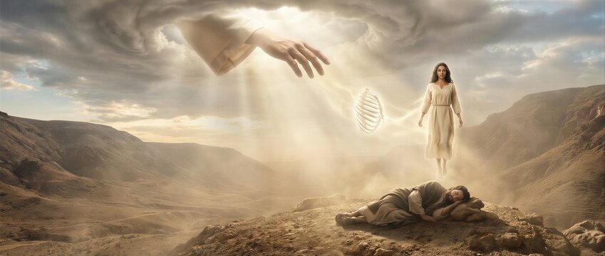 God divine hand creating woman from rib of sleeping man in biblical landscape. Genesis scene showing creation of Eve. Religious art depicting spiritual miracle and human origin mythology. Banner with