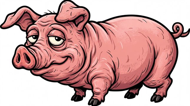 Funny cartoon pig with a sleepy expression standing tall as a detailed illustration on white background