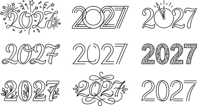 Happy New Year 2027 Typography Vector Set with Creative Outline Lettering Styles for Festive Celebration Designs