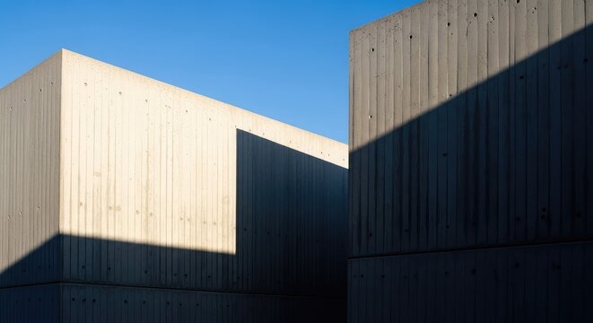 A striking view of raw concrete walls featuring sharp geometric lines and deep, high-contrast shadows under a bright, cloudless sky, shadow, shadows, design