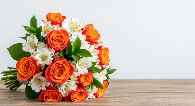 A stunning floral bouquet featuring vibrant orange roses and pure white blossoms rests elegantly on a rustic wooden table at a reception, ceremony, bokeh, table