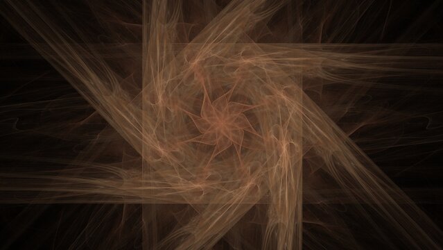 Abstract symmetrical fractal pattern in warm brown and orange tones forms intricate star-like shapes with flowing ethereal lines on dark background.