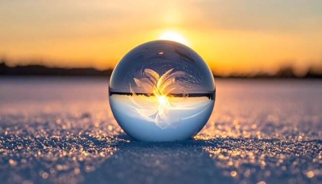 Sunset inverted in a crystal ball on a snowy surface