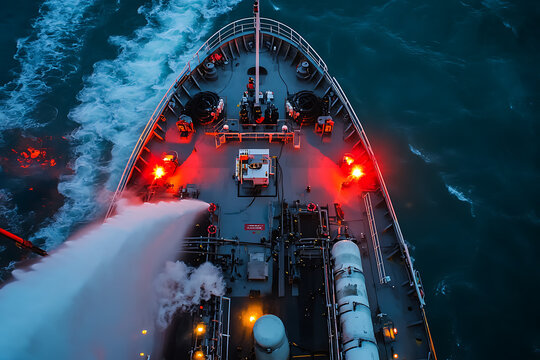 A fireboat is spraying water from its deck while navigating through dark waters with its emergency lights on